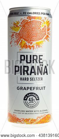 Groningen, Netherlands - October 31, 2021: Can Of Pure Pirana Hard Seltzer Grapefruit Drink Isolated