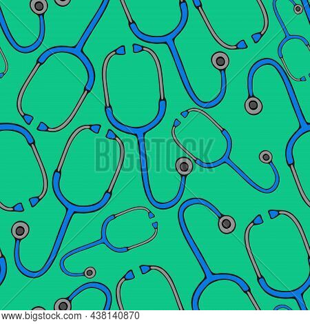 Stethoscope. Medical Diagnostic Device. Seamless Vector Pattern. Isolated Green Background. Repeatin
