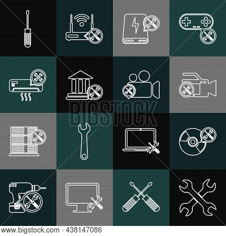 Set Line Crossed Wrenchs, Cd Or Dvd Disk Service, Video Camera, Power Bank, Bank Building, Air Condi
