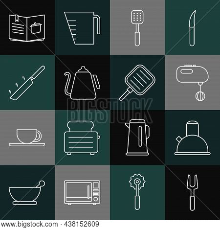 Set Line Barbecue Fork, Kettle With Handle, Electric Mixer, Spatula, Frying Pan, Cookbook And Icon. 