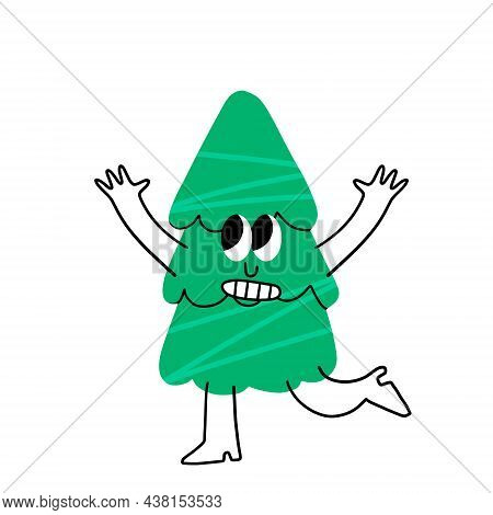 Christmas Tree. Smiling Character. Fabulous Winter Green Plant With Arms And Legs Enjoying Holiday. 