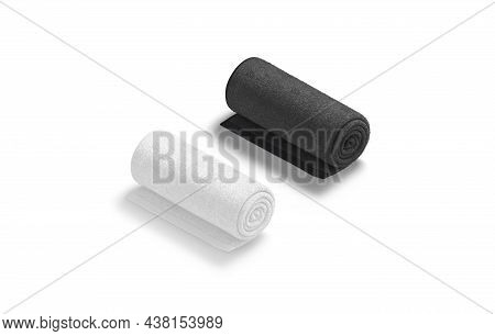 Blaank Black And White Twisted Big Towel Mockup, Side View, 3d Rendering. Empty Cloth Folded Towels 