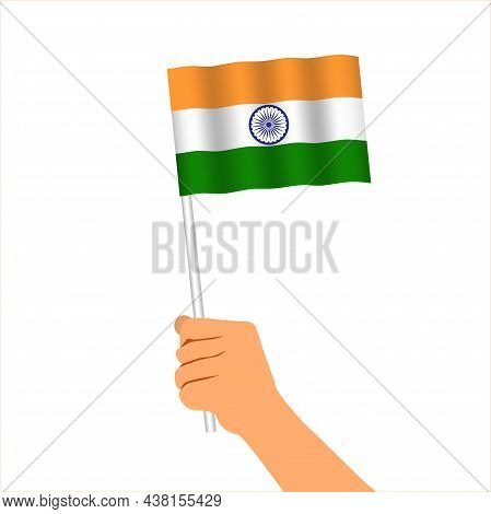 Hand Holding Indian Flag. National Flag Of India. Vector Illustration Isolated On White Background.