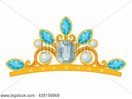 Illustration Of Beautiful Gold Jewelry Tiara With Precious Stones.