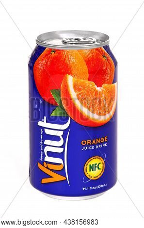 Novyy Urengoy, Russia - July 4, 2021: Aluminium Can Of The Vinut Orange Juice Drink Isolated Over Wh