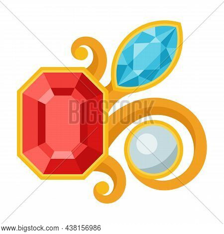Illustration Of Beautiful Gold Jewelry Brooch With Precious Stones.