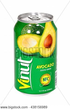 Novyy Urengoy, Russia - July 4, 2021: Aluminium Can Of The Vinut Avocado Juice Drink Isolated Over W