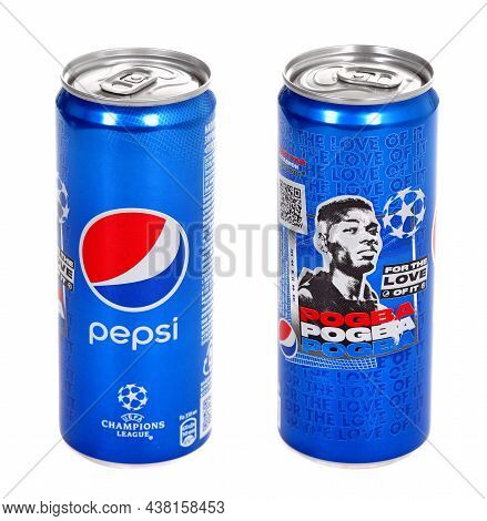 Novyy Urengoy, Russia - September 5, 2021: Aluminium Cans Of The Pepsi Uefa Champions League Edition