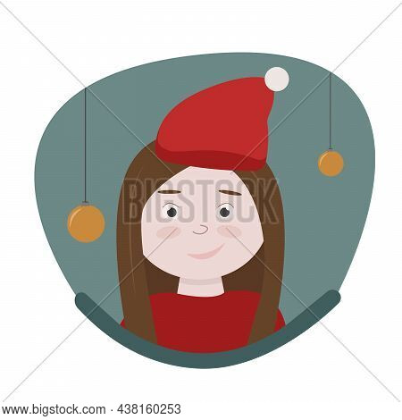 Young Girl At Santa Hat On A Green Background