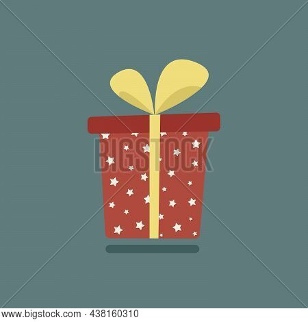 Red Gift Box With Stars And Yellow Ribbon On A Green Background