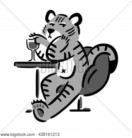 Tiger Sitting In Chair With Glass Of Wine. Chinese Zodiac Animal. Symbol Of The New Year 2022, 2034.