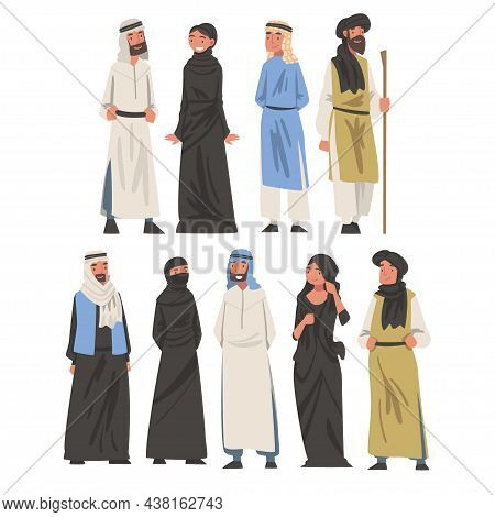 Arab People Character Standing In Traditional Muslim Dress And Long Flowing Garment Vector Set