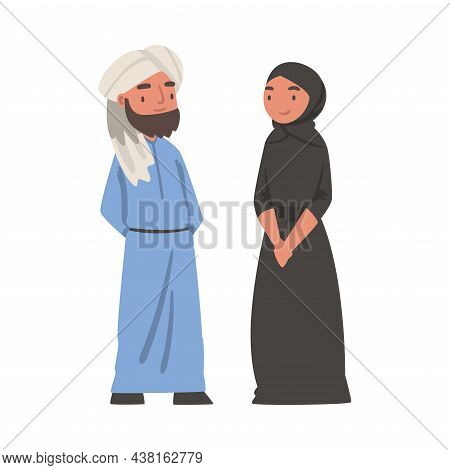 Arab Man And Woman Standing In Traditional Muslim Dress And Long Flowing Garment Vector Illustration