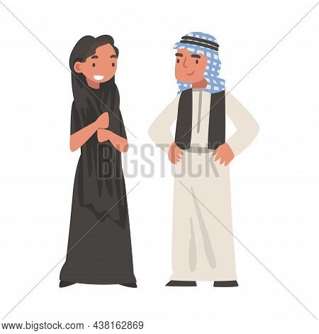 Arab Man And Woman Standing In Traditional Muslim Dress And Long Flowing Garment Vector Illustration