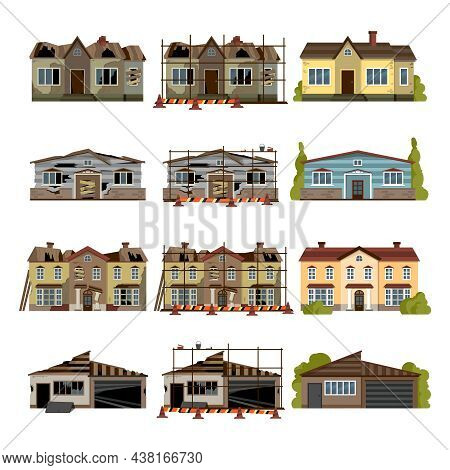 Reconstruction Building Renovation Set Of Isolated Icons With Crumbling Houses Construction Trestle 