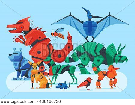 Robot Toy Animals Composition With View Of Droids Crowd With Pets Birds Insects And Wild Beasts Vect