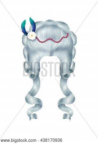 Realistic Rococo Women Wig Vintage Composition With Isolated Image Of Fleecy Hair With Flowers And F