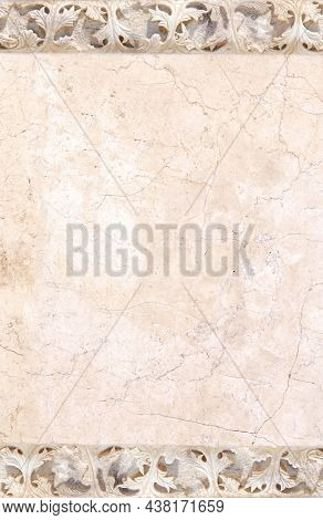 Retro background with ancient carved ornament on marble. Vertical or horizontal banner with floral stone bas-relief. Mock up template. Copy space for text
