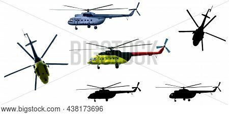 Helicopters And Their Silhouettes Isolated On White Background. Illustration. Vector.