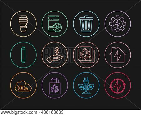 Set Line Lightning Bolt, House And Lightning, Trash Can, Plant Hand, Fluorescent Lamp, Led Bulb, Rec
