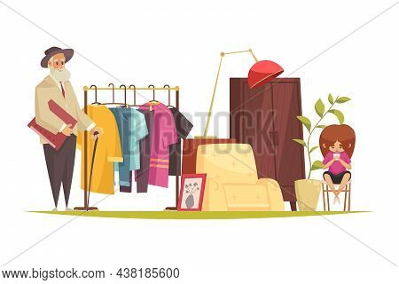 Garage Sale Composition With Doodle Characters Of Old Man Child And Rail With Clothes And Furniture 