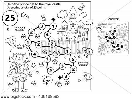 Maze Or Labyrinth. Puzzle. Mathematical Addition Game.coloring Page Outline Of Cartoon Lovely Prince