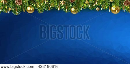 Christmas Postcard With Garland With Light Bulbs And Blue Background With Gradient Mesh, Vector Illu
