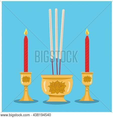 Illustration Candle, Incense, Pot, Blue Background Chinese New Year Ceremony, Chinese God Worship Fo