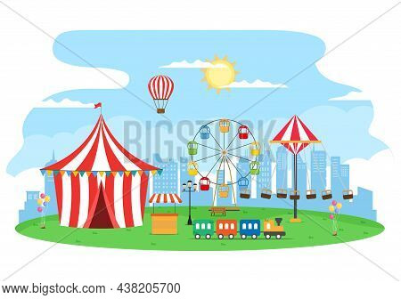 Summer Fair With Carnival, Circus, Funfair Or Amusement Park. Landscape Of Carousels, Roller Coaster