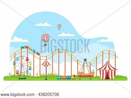 Summer Fair With Carnival, Circus, Funfair Or Amusement Park. Landscape Of Carousels, Roller Coaster