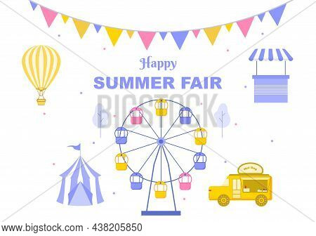 Summer Fair With Carnival, Circus, Funfair Or Amusement Park. Landscape Of Carousels, Roller Coaster