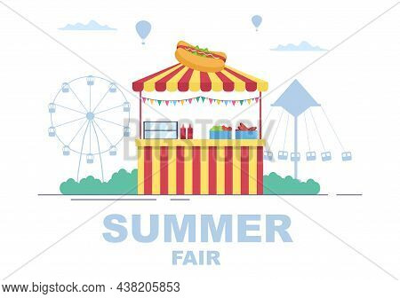 Summer Fair With Carnival, Circus, Funfair Or Amusement Park. Landscape Of Carousels, Roller Coaster