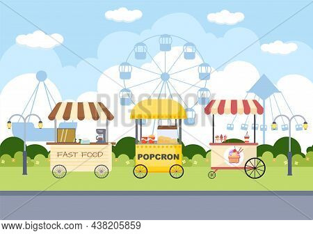Summer Fair With Carnival, Circus, Funfair Or Amusement Park. Landscape Of Carousels, Roller Coaster
