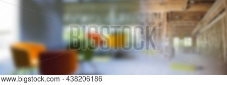 Defocused image montage of colorful empty chairs in office with incomplete wooden construction site. business and construction industry.