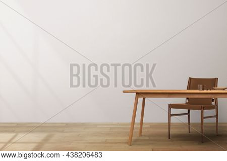 Japandi dining room interior design with wooden table
