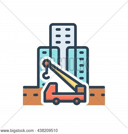 Color Illustration Icon For Prefab Architectural  Cityscape Crane Machine Industry Countryside