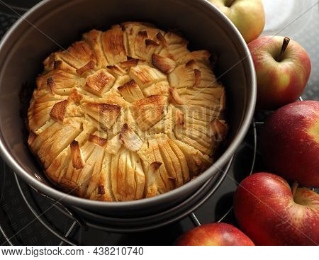 A Delicious Homemade Apple Pie In A Springform Pan With Fresh Organic Apples, Seasonal Food, Autumn 