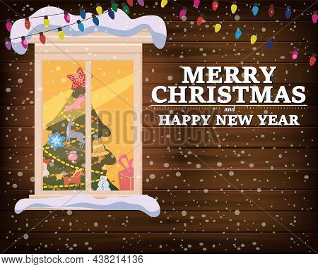 Chrismas Window, Night, Decoraions Garland Retro, Living Room Christmas Tree. Xmas And New Year Holi