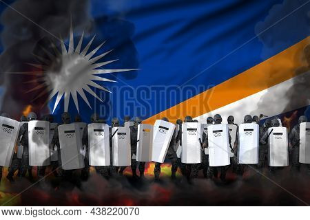 Marshall Islands Protest Fighting Concept, Police Officers In Heavy Smoke And Fire Protecting Countr
