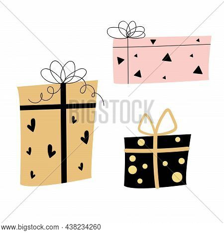 Doodle Birthday Gift Boxes. Brush Painted Stylized Gift For Birthday Party Greeting Cards, Wrapping 