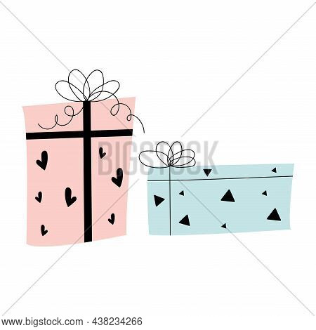 Doodle Birthday Gift Boxes. Brush Painted Stylized Gift For Birthday Party Greeting Cards, Wrapping 