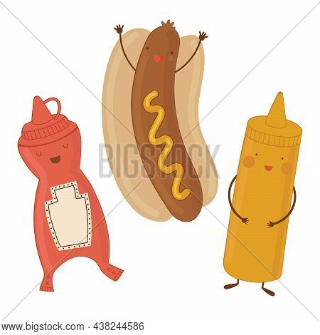 Vector Illustration Of A Cute Cartoon Hotdog. Ketchup And Mustard.