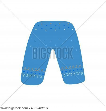Blue Pants In Cartoon Style. Cute Trouses With Patterns And Hearts. Vector Illustration Isolated On 