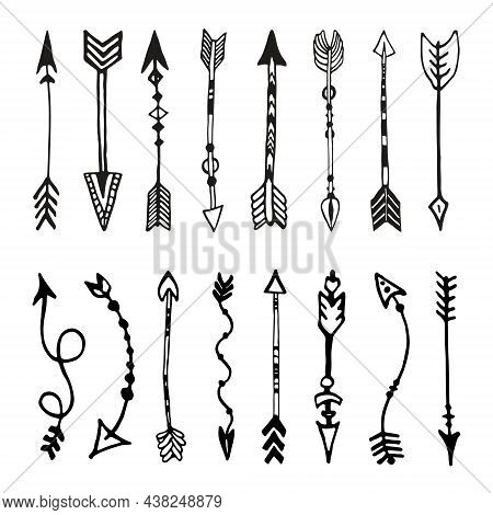 Tribal Arrows Set, Hand Drawn Background. Sketchy Pattern, Arrow Icons Collection On White. Hipster 