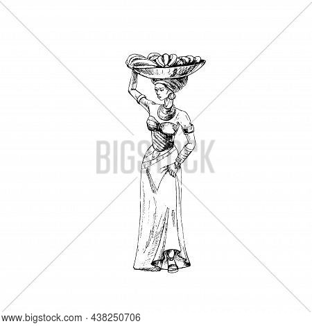 African Woman Carries A Basket With Branch Fresh Banana On Her Head. Vintage Vector Hatching Black H