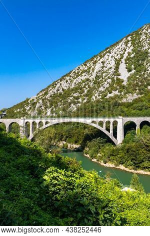 Solkan bridhe on the River Soca, Slovenia