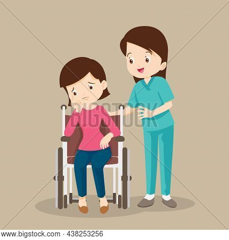 Nurse Or Volunteer Worker Taking Care Of Sick Woman Sitting On Wheelchair