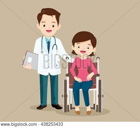 Patient Man Sit On A Wheelchair With Doctor Take Care.careful Caregiver Taking Care Of The Patient
