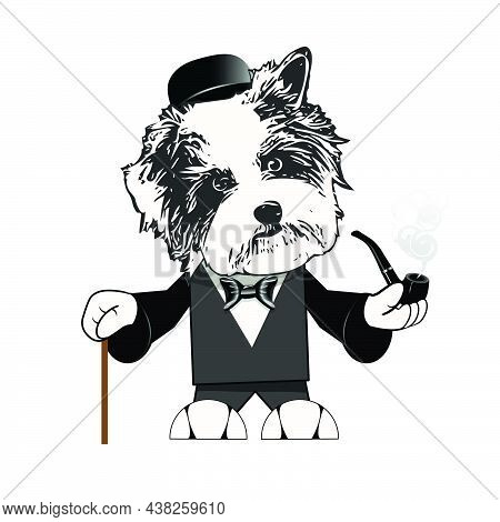 Illustration Of A Dog In A Tuxedo With A Pipe On A White Background