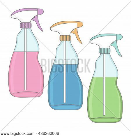 Disinfection With Cleaning Spray Color Set. Vector